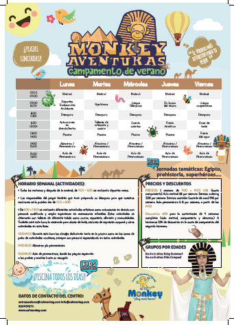 Ya tenéis en la web toda la información sobre las Monkey actividades para el verano más divertido: Monkey Aventuras, campamento de verano y los Cursos intensivos de natación. Ya tenéis en la web toda la información sobre las Monkey actividades para el verano más divertido: Monkey Aventuras, campamento de verano y los Cursos intensivos de natación.