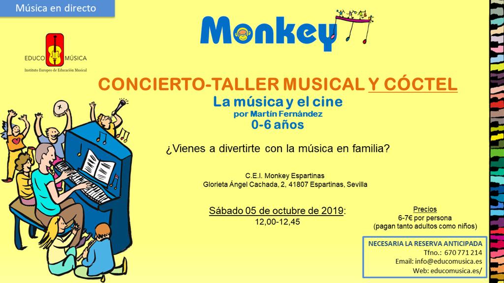 Concierto-taller el próximo 5 de octubre en CEI Monkey Espartinas: La música y el cine, seguido de tapeo. Para bebés, niños y familias. 